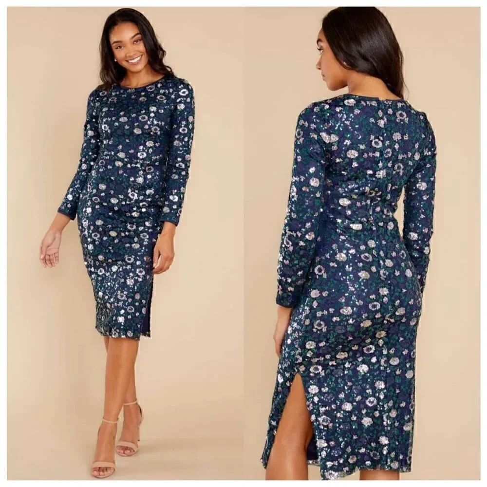 Aura Beyond Fiercer navy blue sequin long sleeve side slit midi dress M